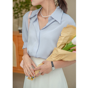 蓝色短袖雪纺衬衫女春季薄款2024通勤衬衣高级感法式小众上衣