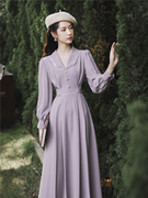 2021春秋法式伴娘礼服紫色日常小众连衣裙小个子长袖平时可穿