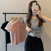 v领上衣女夏季2024韩版修身高腰短款短袖t恤设计感小众打底衫