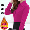 秋冬韩版职业加绒衬衫女长袖，修身气质ol打底玫红色保暖衬衣厚