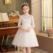 女童春夏白色连衣裙中大童花童婚礼裙子儿童钢琴表演服中袖公主裙