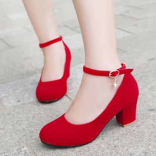 大码45秋季红色结婚鞋，新娘鞋子中式婚礼，红鞋粗跟高跟鞋中跟孕妇鞋