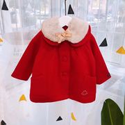 女童大衣20冬女童，宝宝毛领红色，羊毛呢大衣外套