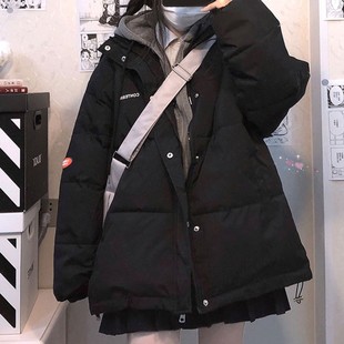 鸭鸭假两件短款羽绒服女设计感黑色连帽小个子日系学生jk棉服冬季