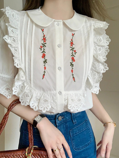 娃娃领花边刺绣短袖衬衫女夏季法式设计感小众减龄甜美泡泡袖衬衣