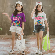 大女童洋气t恤2024夏装，韩版纯棉蝙蝠衫，儿童卡通短袖上衣女潮