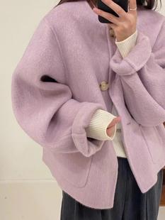 反季宽松紫色圆领短款双面羊绒，大衣女小香风小个子羊毛呢外套2023