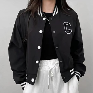韩国chic秋季减龄条纹拼接立领刺绣棒球服外套设计感休闲夹克上衣