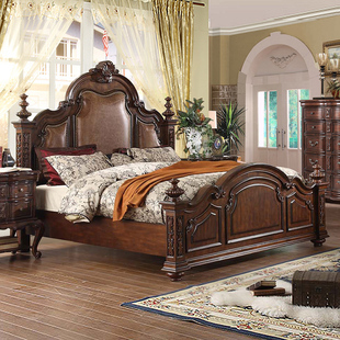 美式实木真皮床双人床1.8米主卧雕花欧式床柱子，床婚床复古皮艺床