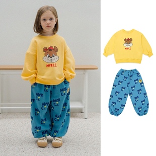 韩国ins童装秋款男女童宝宝卡通黄色松鼠卫衣+蓝色收腿运动长裤子