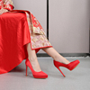春季性感气质绸缎红色浅口婚鞋新娘鞋真皮，超高跟防水台大码女单鞋