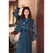 一朵小蓝花~港风复古秋季女装，成套搭配套装两件套小外套+半身裙