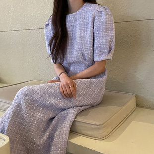 韩国chic夏季法式小香风，圆领压褶收腰显瘦泡泡袖格纹粗花呢连衣裙