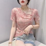 韩国扎染斜领短袖T恤女夏季2024网纱印花气质小衫时尚设计感