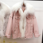 滩羊毛加棉牛仔外套，中长款棉衣女后背字母做旧毛边粉色白色两件套