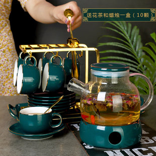 欧式陶瓷花茶具套装英式下午茶具耐热玻璃花茶壶套装过滤蜡烛加热