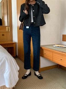 复古深蓝色牛仔裤女2024春秋季口袋设计感高腰，显瘦直筒烟管裤