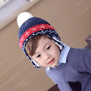 冬季儿童线帽男童圣诞麋鹿提花护耳套头帽子男孩加绒毛线帽冬