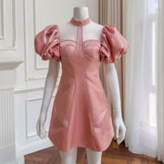 法式小立领高腰轻奢亮丽气质短裙粉色花苞压褶袖收腰连衣裙高级感