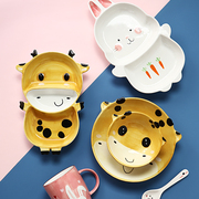 可爱动物造型陶瓷儿童餐具套装宝宝吃饭碗分格盘卡通早餐盘子杯勺