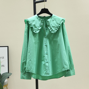 绿色甜美娃娃领衬衫，女年春季韩版纯色，长袖外穿上衣衬衣潮