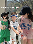 童装男童篮球服套装夏季薄儿童，假两件短袖t女童，洋气t恤运动两件套
