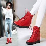 冬季真皮厚底红色马丁靴坡跟内增高系带短靴女平底舒适保暖雪地靴
