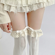 秋季白色过膝袜棉蝴蝶结绑带腿套甜美日系JK洛丽塔蕾丝花边中筒袜