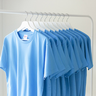 230g翠蓝 湖蓝色纯棉短袖2020夏季男女纯色圆领宽松情侣T恤
