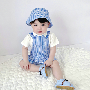 韩国童装新生儿短袖，满月周岁绅士背带裤套装，男宝宝夏装礼服带帽子