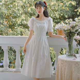 法式初恋小白裙学生连衣裙仙气质赫本风超仙女森系泡泡袖收腰夏季