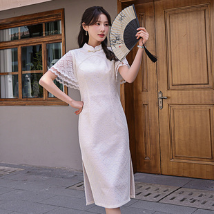 2024夏装时尚新中式中长款连衣裙改良版旗袍蕾丝中国风A字裙