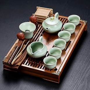 紫砂陶瓷功夫茶具套装高档中式家用茶杯简约实木小茶盘抽屉式茶台