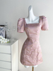 粉色复古短袖连衣裙女夏季高级感气质法式温柔风修身包臀裙子