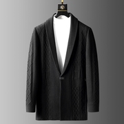 霸道型男冬装休闲开衫，加厚保暖v领围巾，领单排扣中长款针大衣外套
