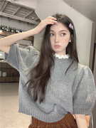 蕾丝花边圆领套头短袖毛衣女(毛，衣女)秋季韩系泡泡袖针织衫小个子短款上衣