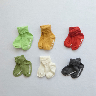 2023春秋男女宝宝糖果色袜子婴儿洋气中筒袜防滑点胶底儿童堆堆袜
