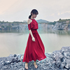 奈良红色沙滩裙露肩，法式连衣裙女夏雪纺，波西米亚长裙海边度假裙子