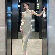 新中式性感改良旗袍连衣裙，小众聚会晚礼服，女夏季开叉包臀长裙