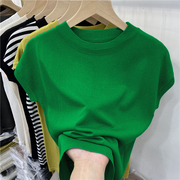 绿色半高领t恤女短袖2024年夏季冰丝针织，设计感小众打底上衣