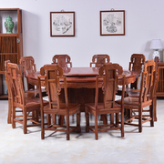 花梨木雕花圆桌带转盘，红木圆餐桌椅组合实木，中式古典饭桌仿古餐台