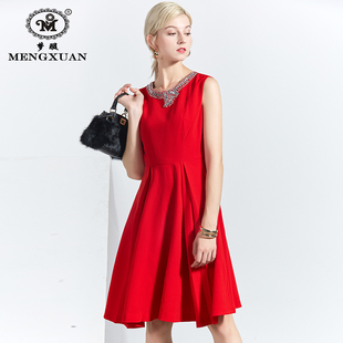 时尚镶钻连衣裙秋冬女装中长裙子打底外穿背心裙红色酒会礼服