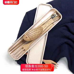 日式原木筷子勺子礼盒套装，和风麦秸秆便携餐具木勺叉子实木筷勺叉
