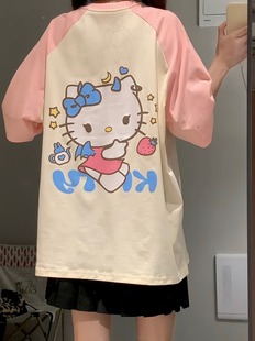 HelloKitty凯蒂猫插肩袖T恤女短袖夏季宽松设计感小众甜酷风上衣