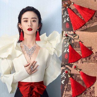中式新年红流苏方块圆圈爱心耳坠长款复古民族中国风结婚新娘耳环