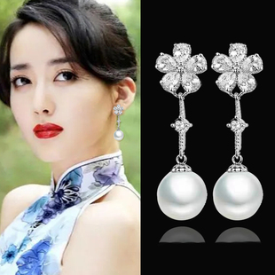 韩国无耳洞耳夹锆石花朵，珍珠耳环端庄气质，表演旗袍走秀女耳钉装饰