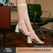 STELLA LUNA女鞋春夏圆头露趾高跟鞋一字带羊皮漆皮粗跟通勤凉鞋