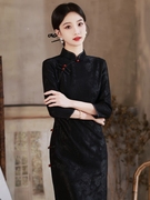 小个子旗袍妈妈黑色纯色，日常可穿老上海民国风，复古2024年中袖