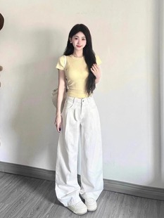 韩版套头圆领修身短袖t恤女2024夏季显瘦奶，黄色百搭针织上衣