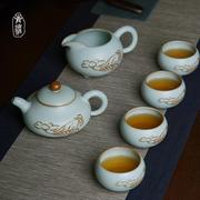 手工汝窑茶具套装家用简约景德镇陶瓷功夫茶，礼盒装冰裂釉青瓷